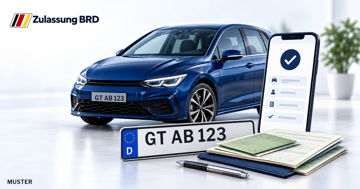 Online Fahrzeugzulassung in Werther (Westf.): Musterkennzeichen GT AB 123, Auto und Fahrzeugpapiere und Smartphone. Illustration mit Logo von Zulassung BRD.